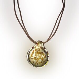 Handcrafted Glass Pendant Necklace – Gold & Bronze Design on Silver, EUC